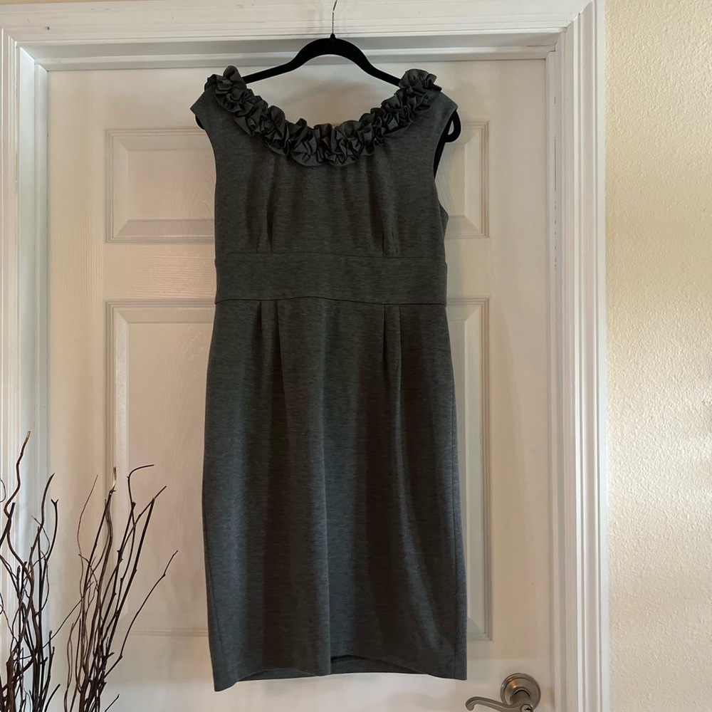 London Times Gray Sheath Cocktail Dress with Ruffle Neckline